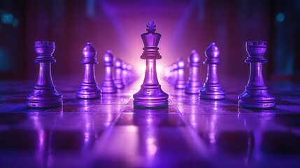 enigmatic chess pieces cast long shadows in a sea of purple the strategic game elements create a striking monochromatic composition evoking intellect and mystery