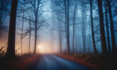 Obraz premium A foggy forest road winds through tall trees at dusk