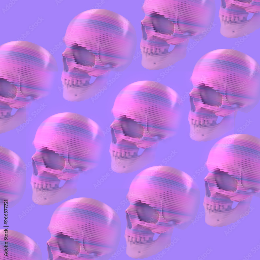 Poster Abstract pattern of colored skulls formed by a series of colored stripes. 3d rendering digital illustration