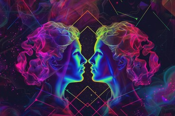 Cosmic gemini twins with vibrant neon colors for astrology and zodiac themes. AI