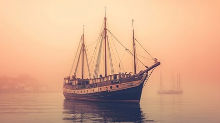 Fototapeta premium A vintage sailing ship anchored in a misty harbor at dawn, creating a serene and atmospheric scene.