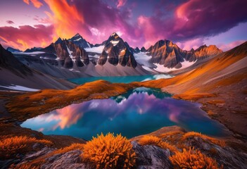 stunning mountain peaks illuminated vibrant sunset sky striking colors dramatic cloud patterns, clouds, landscape, nature, horizon, beauty, scene, light