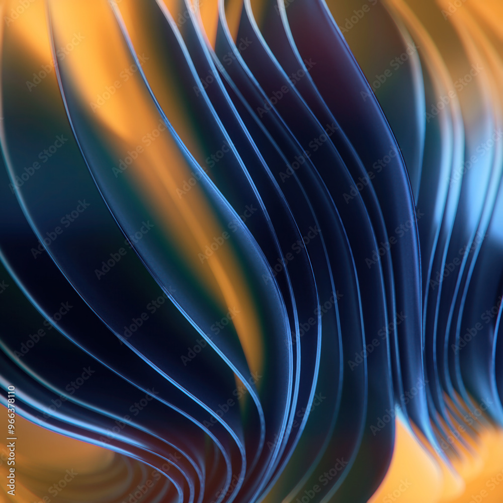 Poster Digital illustration of an elegant wavy pattern of stripes of shiny dark fabric with colorful highlights. 3d rendering