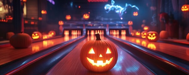 A vibrant Halloween scene featuring glowing jack-o'-lanterns on a bowling alley with spooky ambiance and festive decorations.