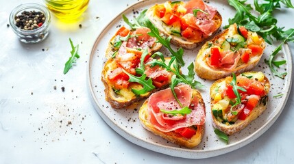 Set of bruschetta with jamon or prosciutto, vegetables and fresh arugula leaves on the plate on light marble background top view. Healthy homemade breakfast or lunch idea. 