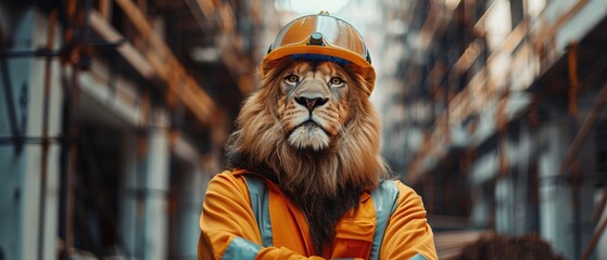 A lion dressed as a builder at a construction site with safety helmet 