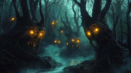 Mysterious forest scene featuring eerie trees with glowing eyes, shrouded in fog, creating an ominous, enchanting atmosphere.