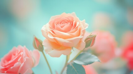 A close-up of delicate peach roses with soft petals against a dreamy, blurred background.