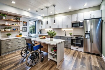 A renovated modern kitchen with accessible features, funded by government grants, designed for individuals recovering from stroke or living with disabilities.