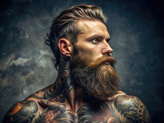 A rugged, confident masculine figure with a thick beard and numerous tattoos gazes intensely into the distance, exuding a sense of raw, unbridled energy and strength.