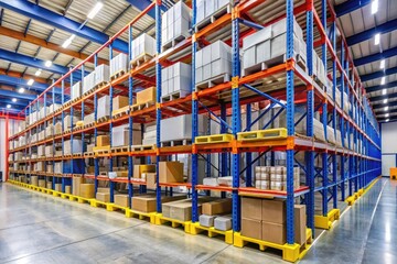 A row of neatly organized shelving units with safety labels and equipment in a well-maintained warehouse, ensuring efficient and secure storage services.