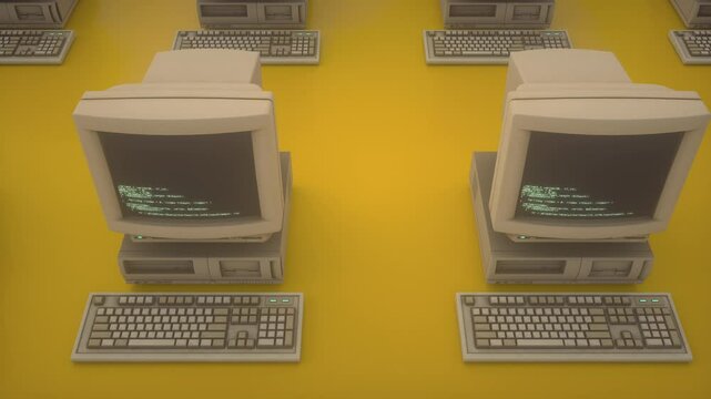 Retro personal computer or PC with keyboard in dynamic motion. Abstract 3D Render pattern. Source code on screens, displays. Vintage 80s, 90s retro style 4K seamless loop animation