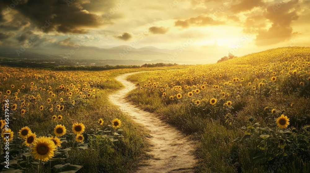 Poster A winding path through a sunflower field with a distant horizon, inviting the viewer to explore, symbolizing adventure and discovery in nature.