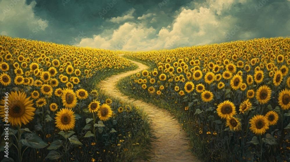 Poster a winding path through a sunflower field with a distant horizon, inviting the viewer to explore, sym