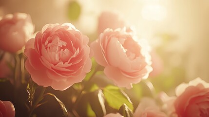 A soft-focus image of pink roses bathed in warm sunlight, evoking feelings of beauty and tranquility.