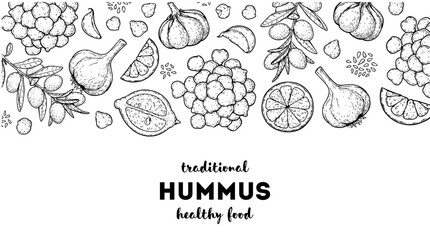Hummus packaging design template. Cooking and ingredients for hummus. Sketch illustration. Middle eastern cuisine frame. Healthy food recipe, design elements. Hand drawn, package design.