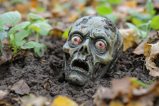 Gruesome Zombie Head Emerging from the Ground with Dirt and Worms in Creepy Detail