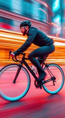 Fototapeta premium A man riding a bike down the street at night, AI