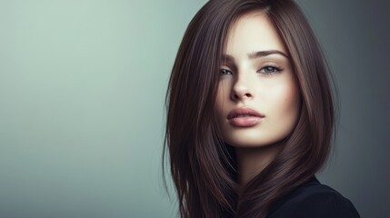 Fototapeta premium A woman with sleek, straight hair, parted in the middle, posing against a minimalist background to highlight the simplicity and elegance of her style.