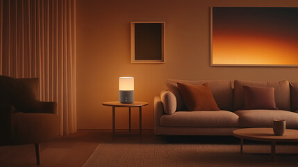 cozy living room at dusk with smart lighting and warm tones