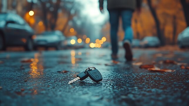 A lost car key on a wet city street with a person walking away in the background.