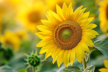 Obraz premium A vibrant 4K background featuring a field of blooming sunflowers under a bright blue sky, showcasing nature's beauty in stunning detail