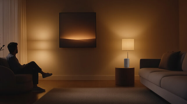man relaxing in a cozy living room with warm ambient lighting at dusk
