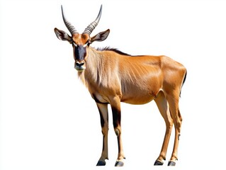 hartebeest stands confidently with slender legs and impressive horns, isolated against a stark white backdrop, highlighting its unique features and elegance.