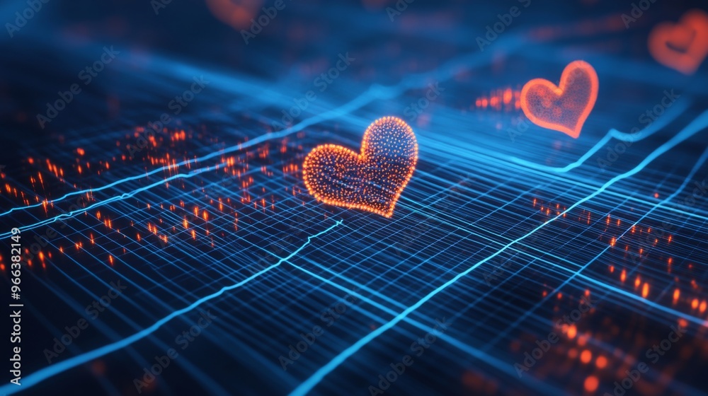 Aufkleber An abstract background with glowing heart waveforms running across a dark blue grid, representing heart health, technology, and life sciences.
