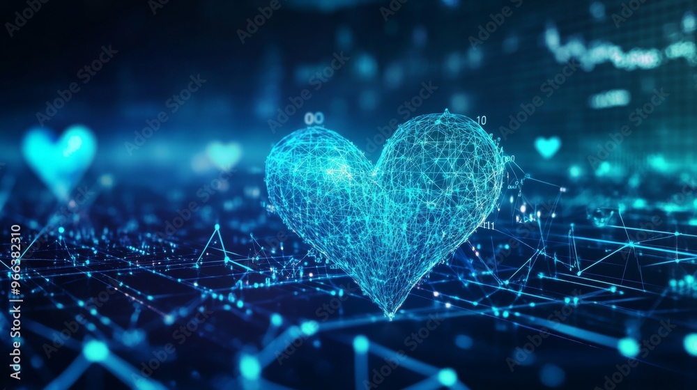 Aufkleber An abstract background with glowing heart waveforms running across a dark blue grid, representing heart health, technology, and life sciences.