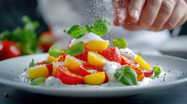 A person sprinkling salt on a plate of food with tomatoes, AI