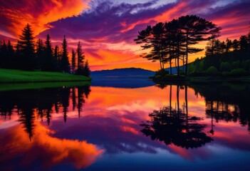 Fototapeta premium breathtaking sunset silhouette surrounded serene landscape vivid colors tranquil atmosphere, view, sky, nature, beauty, horizon, clouds, reflection