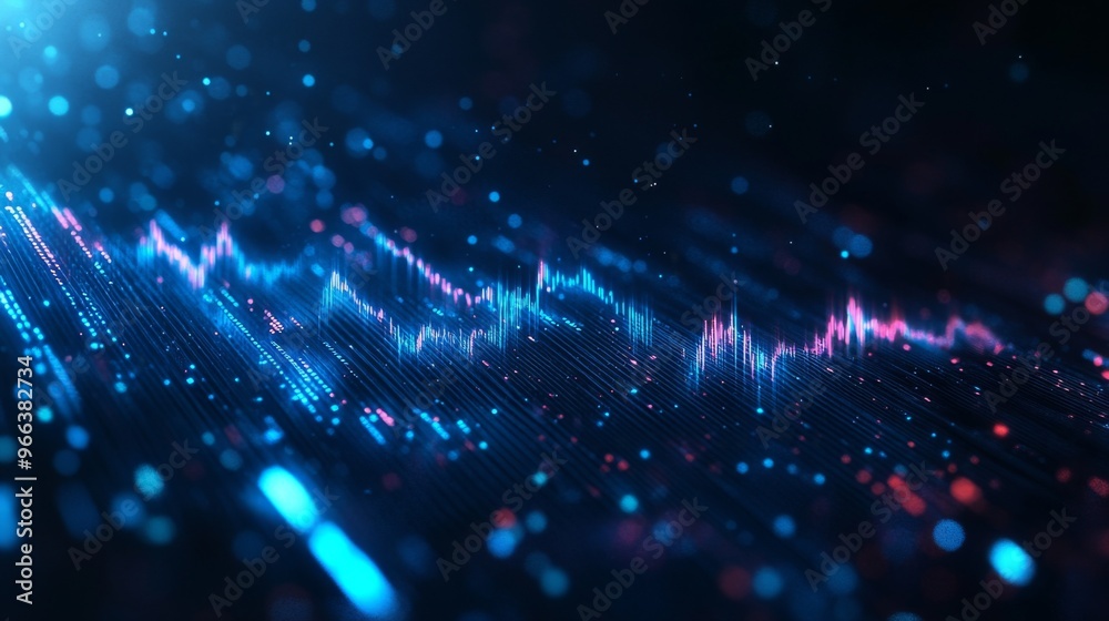 Aufkleber an abstract image of glowing blue financial graphs and stock market data on a dark background, repre