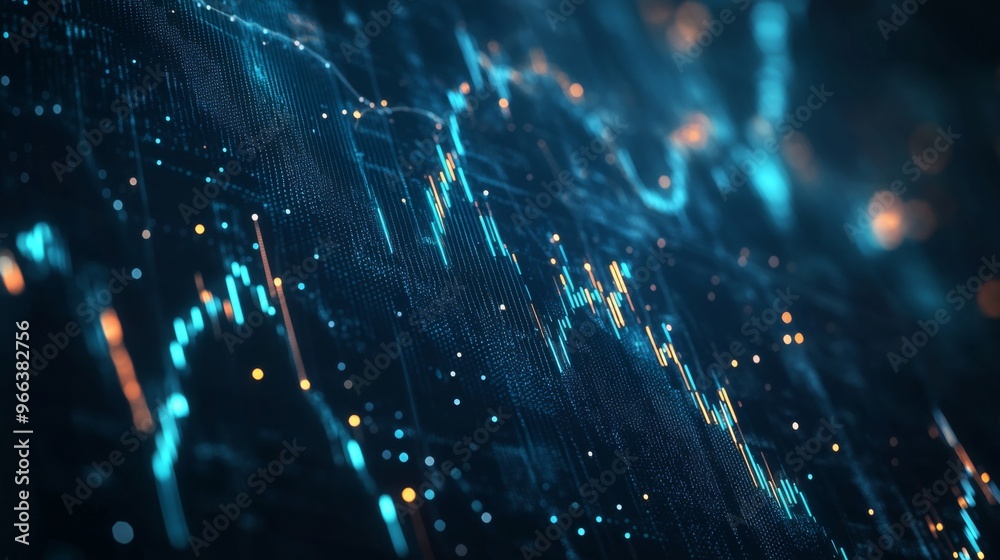 Aufkleber an abstract image of glowing blue financial graphs and stock market data on a dark background, repre