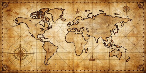 Obraz premium A Vintage World Map With Compass, Ship and Star, aged paper, vintage map, world exploration, treasure map