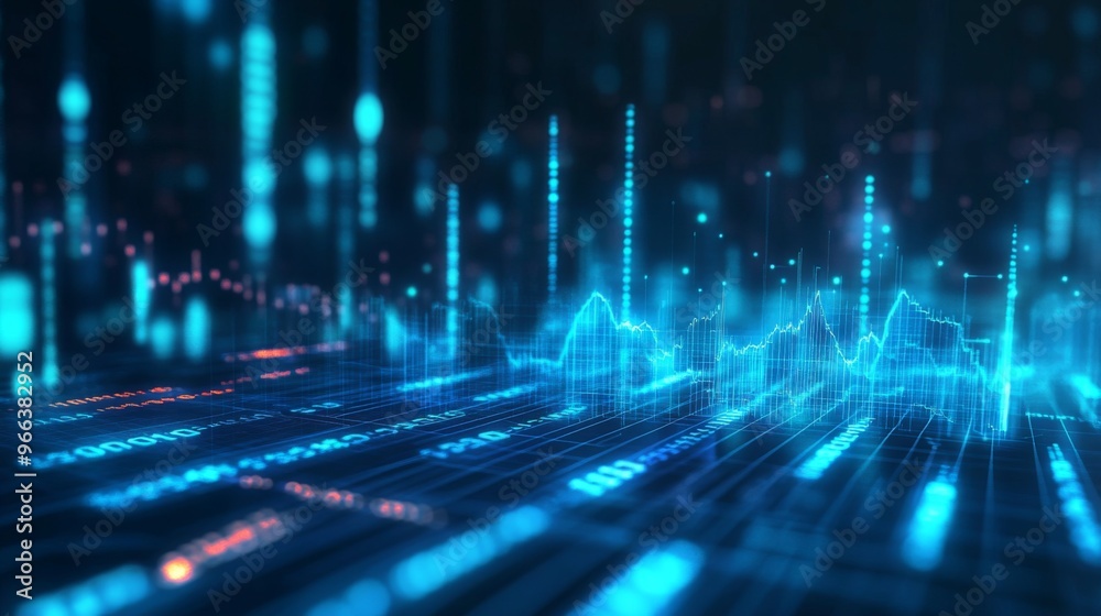 Poster an abstract image of glowing blue financial graphs and stock market data on a dark background, repre