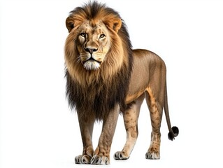 Fototapeta premium lion stands tall and proud, exuding strength and nobility. Its magnificent mane flows elegantly, capturing the light as it creates a striking contrast against the stark white backdrop.