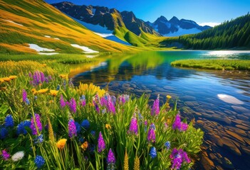 vibrant landscapes featuring beauty lush colorful majestic serene water bodies under bright blue skies, nature, greenery, flowers, mountains, sky