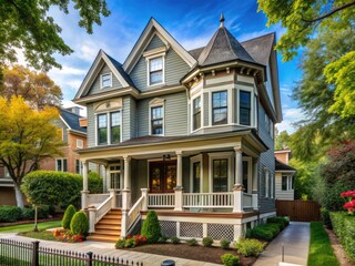 Naklejka premium A sleek, modernized Victorian-style home in Chicago's North Side neighborhood boasts a fresh coat of paint, updated windows, and a beautifully refinished wraparound porch.