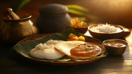 south indian breakfast with idli, sambar, and chutney on a traditional setting