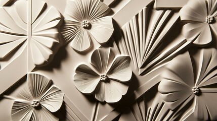 Delicate embossed floral design featuring various textured flowers and leaves on a neutral background