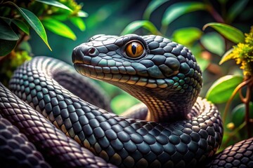 Obraz premium A sleek serpent's side profile reveals intricate scales and a menacing gaze, poised in a tense coil, surrounded by blurred foliage and subtle shadows.