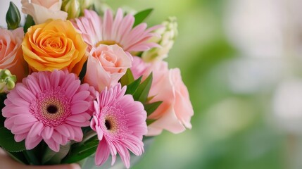 Fototapeta premium A close up of a bouquet with pink, orange and yellow flowers, AI