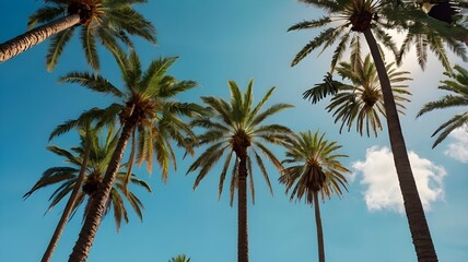 Obraz premium Low angle view from below of coconut palm tree against cloud and blue sky