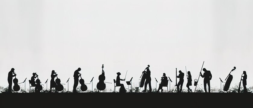 composition of symphony orchestra instruments, only silhouettes are visible 