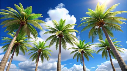 Obraz premium Low angle view from below of coconut palm tree against cloud and blue sky