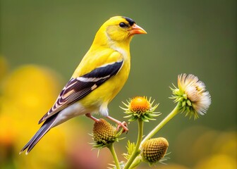 Fototapeta premium A small, slender American Goldfinch with bright yellow feathers, subtle brown wing bars, and a distinctive conical beak perches on a sun-kissed wildflower stem.