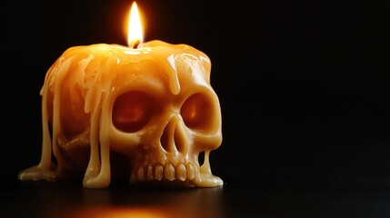 A skull-shaped candle with melting wax, creating a spooky ambiance.