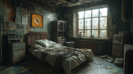 Desolation of Care: A Derelict Hospital Room with Rusted Medical Equipment, Torn Sheets on an Old Bed, Broken Ceiling Tiles, and the Lingering Smell of Decay