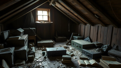 Forgotten Memories: An Old Wooden Attic Filled with Dust-Covered Furniture, Cobwebbed Trunks, Broken Toys, and Scattered Books in Faded Light